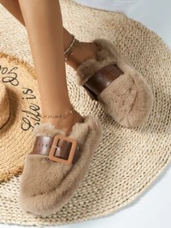 Color Block Buckle Warmth Fluffy Toe-covered Slippers -Zolucky Sales Store 16eac912eac8104b1fba96e1d56195c7