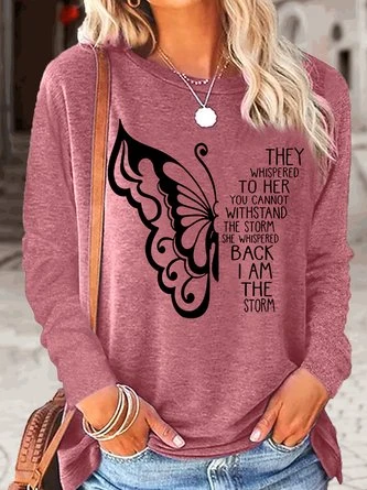 Women's Butterfly Letters Print Cotton-Blend Casual Top H-Line Crew Neck Long Sleeve Shirts 5 Women's Butterfly Letters Print Cotton-Blend Casual Top H-Line Crew Neck Long Sleeve Shirts - Image 5