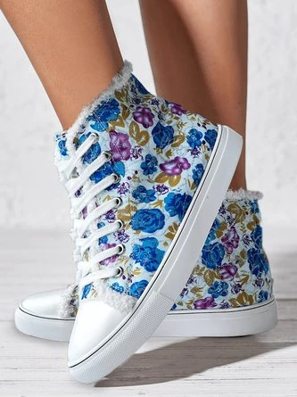 Casual Blue Floral Faux Fur Lined High Top Canvas Shoes 1 Casual Blue Floral Faux Fur Lined High Top Canvas Shoes