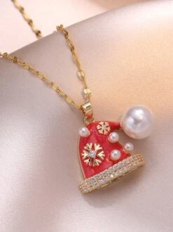 Christmas Hat Shaped Rhinestone Imitation Pearl Pendant Necklaces