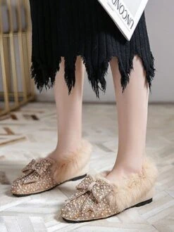 Rhinestone Imitation Pearl Bowknot Furry Party Slip On Shoes -Zolucky Sales Store 1a0e8428bcc3bbd81a276de3e258bddb