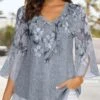 Plus Size Floral Casual V Neck Three Quarter Loose Shirt