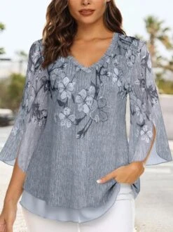 Plus Size Floral Casual V Neck Three Quarter Loose Shirt