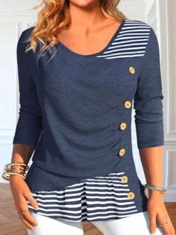 Plus Size Crew Neck Striped Asymmetrical Design Casual Long Sleeve Shirt
