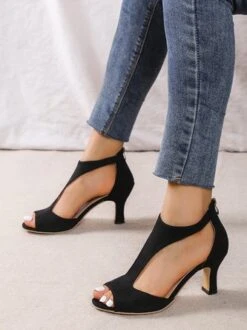 Black Suede Cutout Strap Peep Toe Mid Heel Sandals -Zolucky Sales Store 1dcb79fbd487028074182b62bc406e5e