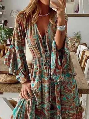 New Women Chic Vintage Boho Hippie Shift Holiday Floral 3/4 Sleeve Weaving Dress 2 New Women Chic Vintage Boho Hippie Shift Holiday Floral 3/4 Sleeve Weaving Dress - Image 2