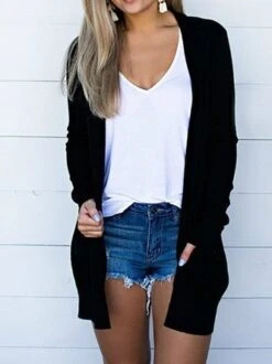 Jersey Loose Pocket Stitching Plain H-Line Casual Long Sleeve Kimono -Zolucky Sales Store 1e40bb4eaa487269d6888c079edec555