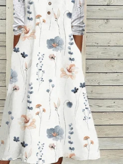 Floral Notched Neck Casual Loose Jersey Buckle Long Sleeve Midi Dress -Zolucky Sales Store 1e86c022b40c96fb82a47a82ec6bed25