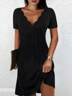 Casual Solid V Neck Short Sleeve Knit Dress