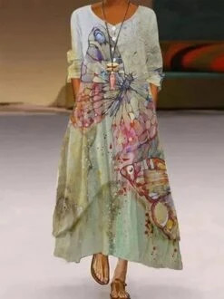 Women Casual 3/4 Sleeve Round Neck Floral Print Maxi Dress