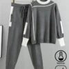 Yarn/Wool Color Block Crew Neck H-Line Long Sleeve Top With Pants Heavyweight Warmth Casual Two-Piece Set