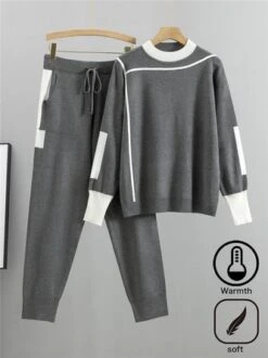Yarn/Wool Color Block Crew Neck H-Line Long Sleeve Top With Pants Heavyweight Warmth Casual Two-Piece Set