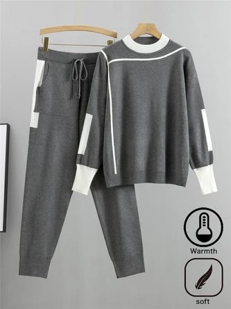 Yarn/Wool Color Block Crew Neck H-Line Long Sleeve Top With Pants Heavyweight Warmth Casual Two-Piece Set 1 Yarn/Wool Color Block Crew Neck H-Line Long Sleeve Top With Pants Heavyweight Warmth Casual Two-Piece Set