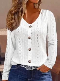 Plus Size V Neck Buttoned Plain Casual Shirt