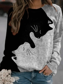Plus Size Cat Crew Neck Loose Casual Sweatshirt