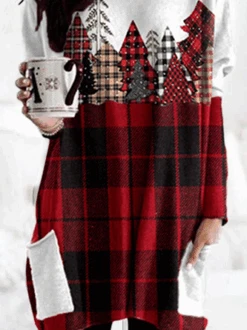 Christmas Classic Check Casual Crew Neck Knitting H-Line Short Dress -Zolucky Sales Store 1fcc93e20e7d1fc7a98f75ca1fb31307