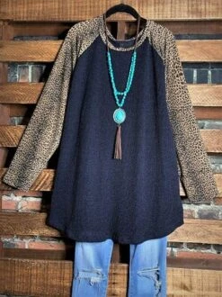 Leopard Round Neck Long Sleeve Loose Tunic & Top