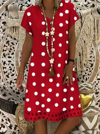 Women V-Neck Short Sleeve Hollow Polka Dot Summer Dress 5 Women V-Neck Short Sleeve Hollow Polka Dot Summer Dress - Image 5