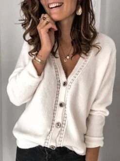 White Long Sleeve Casual Knitted Coat