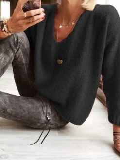Casual V Neck Plain High Elasticity Knitted Long Sleeve Sweater -Zolucky Sales Store 2019 09 heise jpg 1567492037379
