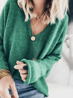 Solid Cotton-Blend Casual V Neck Sweater