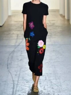 Floral-Print Casual Short Sleeve Jumpsuit & Romper