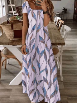 Printed Casual Square Neck Short Sleeve Dress -Zolucky Sales Store 2117aa412c1427eafa0a70b79d11c401