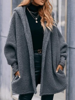 Plain Long Sleeve Hoodie Pockets Casual Plush Coat