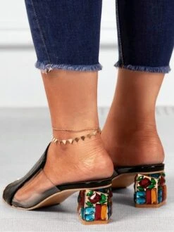 Croc Embossed Rhinestone Chunky Heel Slide Sandals -Zolucky Sales Store 22ac107924b9bfcb94383e16834f60fe