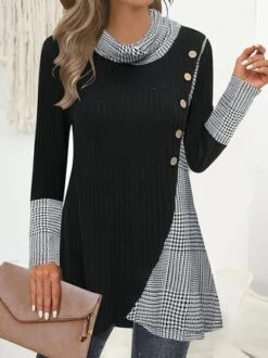 Daily Casual Split Joint Plaid Buttoned Shawl Collar Tunic H-Line Long Sleeve Shirt