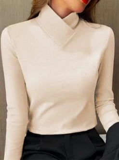 Asymmetrical V Neck Design Warmth Plain Casual Daily Regular Fit Knitted Long Sleeve H-Line T-Shirt -Zolucky Sales Store 24cc6b432b1070e541be346a410e5c31