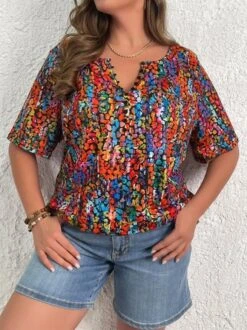 Plus Size Half Open Collar Abstract Jersey Casual T-Shirt -Zolucky Sales Store 24f2fecd1cb787797198473290168995