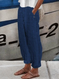 Striped Buttoned Women Classical Geometry Casual Turnip Long Pants -Zolucky Sales Store 25151f2ee745c7c707b9aae18ac899f4