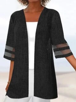 Casual Wrap Plain Loose Mesh Striped Patchwork 3/4 Sleeves Kimono -Zolucky Sales Store 25e969469963a2f5eecb8dc1fb779481