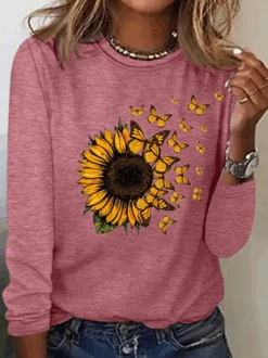 Women’s Butterfly Sunflower Print Casual Cotton-Blend Long Sleeve Shirt -Zolucky Sales Store 261f0fe59b98eea146c9eb77fc6b6730