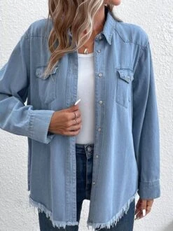 Casual Plaid Loose Shirt Collar Denim Jacket -Zolucky Sales Store 265d18b644b964bb3187f552b432b9c5