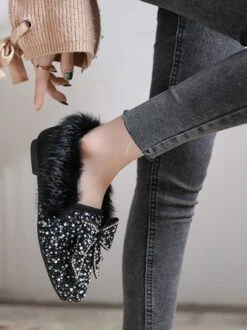 Rhinestone Imitation Pearl Bowknot Furry Party Slip On Shoes -Zolucky Sales Store 266831c029d1e34fa837830805e04fb9