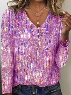 Buckle Diamond Print V Neck Casual Jersey Loose Long Sleeve T-Shirt -Zolucky Sales Store 2678e985bce1d58950300c07982ea1f3