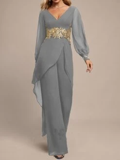 Chiffon V Neck Evening Elegant Jumpsuit -Zolucky Sales Store 26bb9ef9e144077e1e91975a4aa49f31