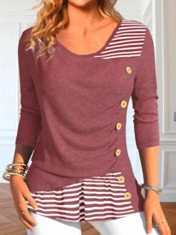 Asymmetrical Striped Casual Loose Long Sleeve Crew Neck Shirt With Buttoned Design -Zolucky Sales Store 275a3ae79b3f12fb36028110816251c9