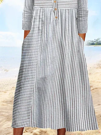 Plus Size Casual Loose Half Open Buttoned Collar Striped Long Sleeve Midi Dress 3 Plus Size Casual Loose Half Open Buttoned Collar Striped Long Sleeve Midi Dress - Image 3