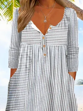 Plus Size Casual Loose Half Open Buttoned Collar Striped Long Sleeve Midi Dress 2 Plus Size Casual Loose Half Open Buttoned Collar Striped Long Sleeve Midi Dress - Image 2