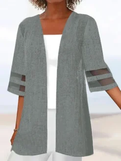 Casual Wrap Plain Loose Mesh Striped Patchwork 3/4 Sleeves Kimono -Zolucky Sales Store 28fa128a9aaf433094be602295b94759