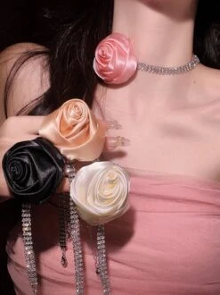 Romantic Satin Rose Rhinestone Choker