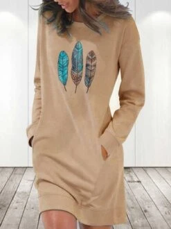 Loose Feather Pattern Casual Crew Neck Dress