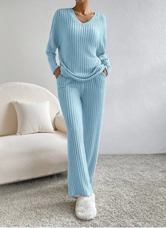 Plain V Neck Long Sleeve Top With Pants Loose Casual Two-Piece Set 5 Plain V Neck Long Sleeve Top With Pants Loose Casual Two-Piece Set - Image 5