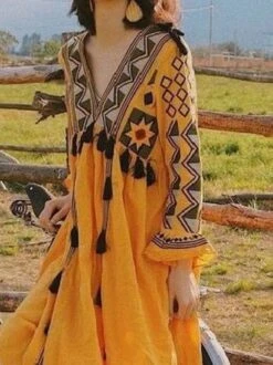 Printed Vintage V Neck Long Sleeve Weaving Dress -Zolucky Sales Store 2af8fe818f1406aa555b38644ed62ac5