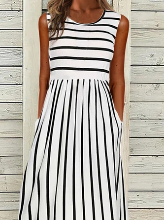 Striped Casual Crew Neck H-Line Sleeveless T-shirt Maxi Dress 2 Striped Casual Crew Neck H-Line Sleeveless T-shirt Maxi Dress - Image 2