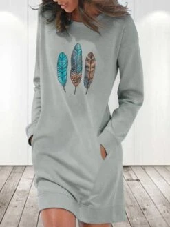 Loose Feather Pattern Casual Crew Neck Dress -Zolucky Sales Store 2bd276e08f81ff629904525a51e6d7c7