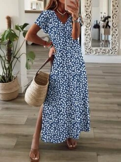 Casual Floral Short Sleeve V Neck Printed Dress